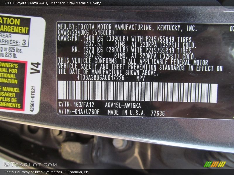 Magnetic Gray Metallic / Ivory 2010 Toyota Venza AWD