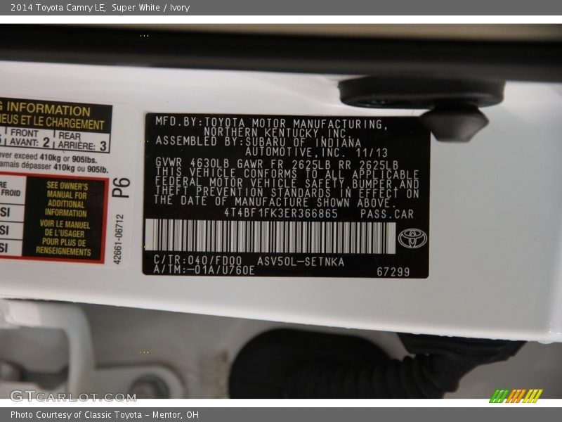 Super White / Ivory 2014 Toyota Camry LE