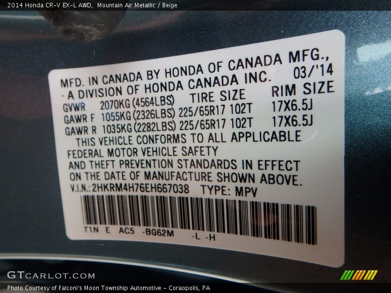 Mountain Air Metallic / Beige 2014 Honda CR-V EX-L AWD