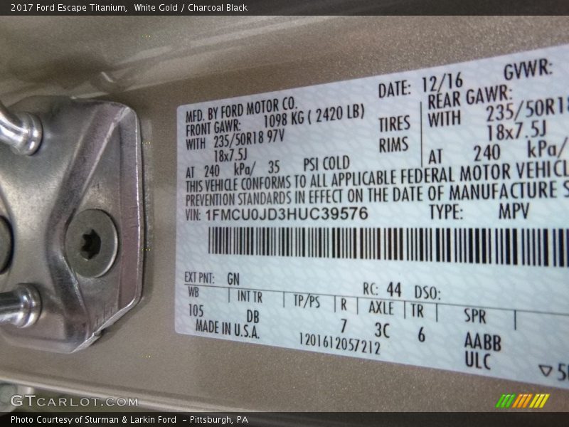 White Gold / Charcoal Black 2017 Ford Escape Titanium