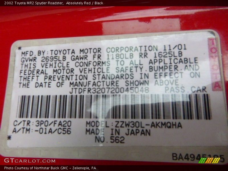 Absolutely Red / Black 2002 Toyota MR2 Spyder Roadster