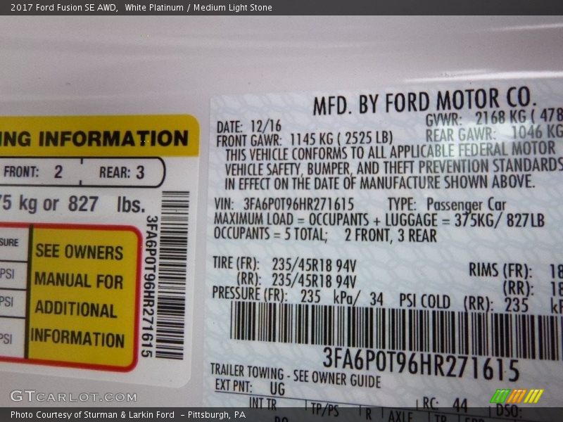 White Platinum / Medium Light Stone 2017 Ford Fusion SE AWD