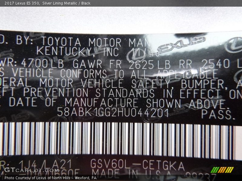 2017 ES 350 Silver Lining Metallic Color Code 1J4