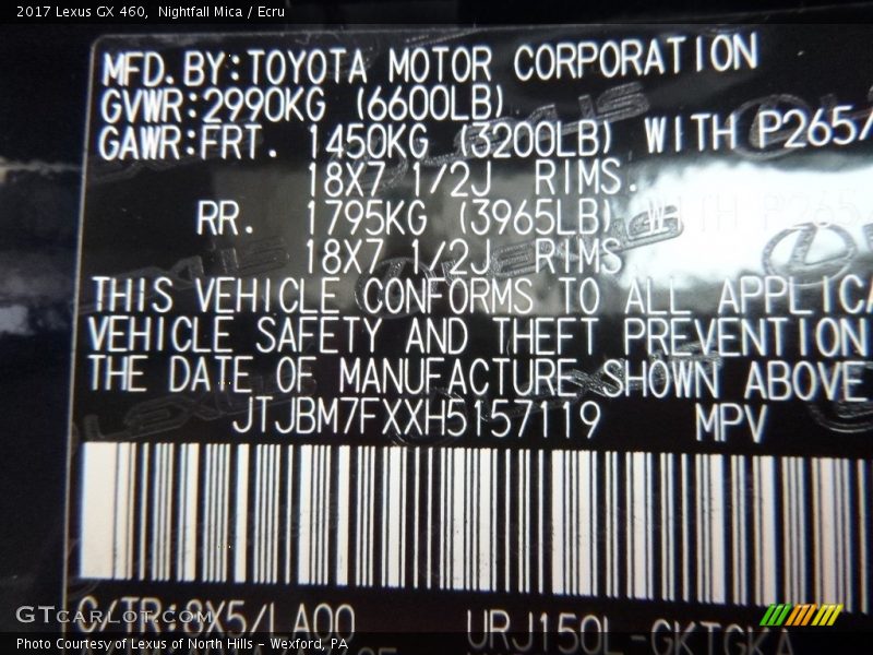 2017 GX 460 Nightfall Mica Color Code 8X5