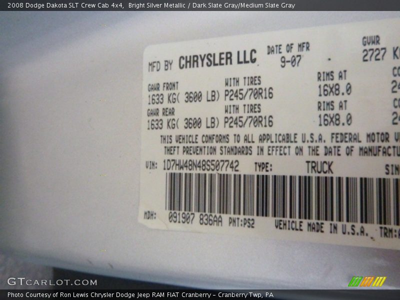 Bright Silver Metallic / Dark Slate Gray/Medium Slate Gray 2008 Dodge Dakota SLT Crew Cab 4x4