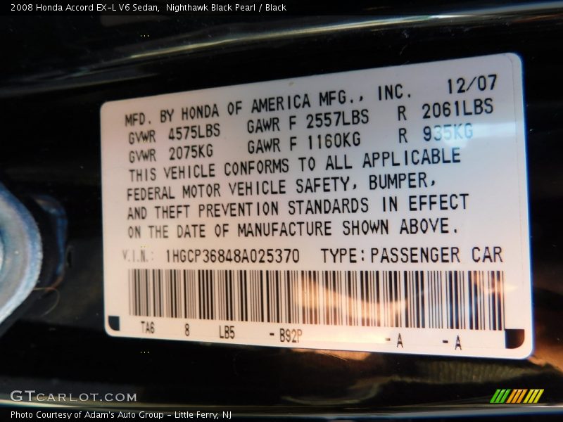 Nighthawk Black Pearl / Black 2008 Honda Accord EX-L V6 Sedan