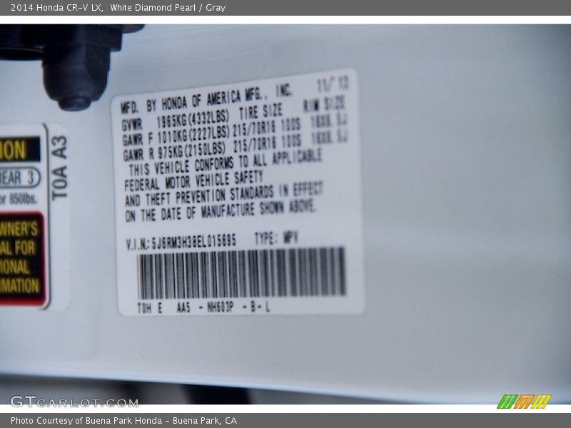 White Diamond Pearl / Gray 2014 Honda CR-V LX