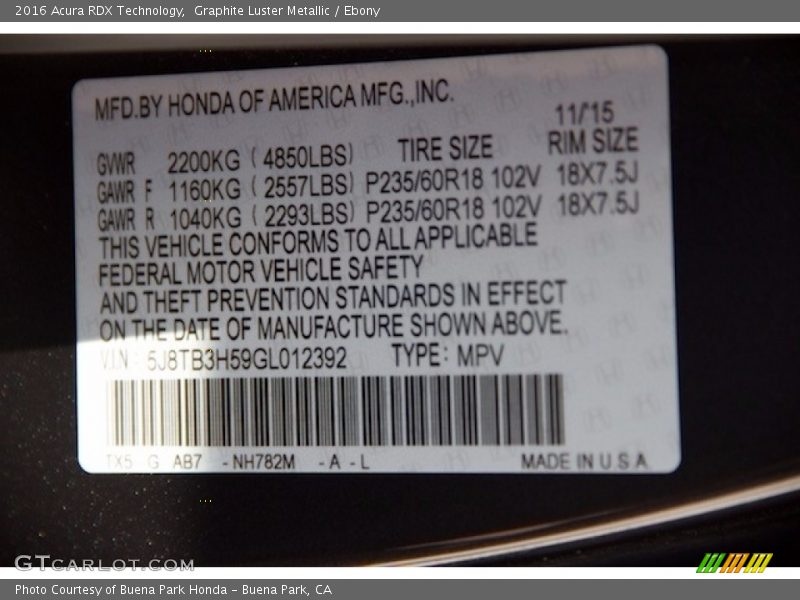 Graphite Luster Metallic / Ebony 2016 Acura RDX Technology