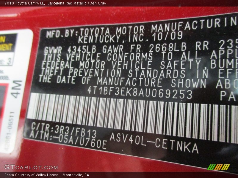 Barcelona Red Metallic / Ash Gray 2010 Toyota Camry LE