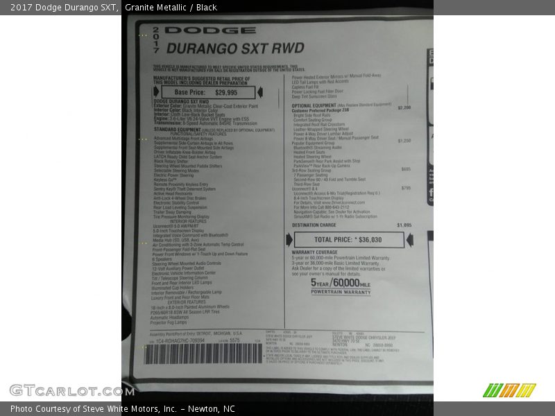 Granite Metallic / Black 2017 Dodge Durango SXT