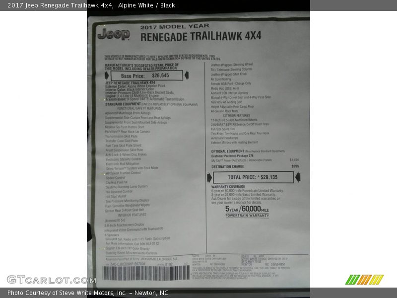  2017 Renegade Trailhawk 4x4 Window Sticker