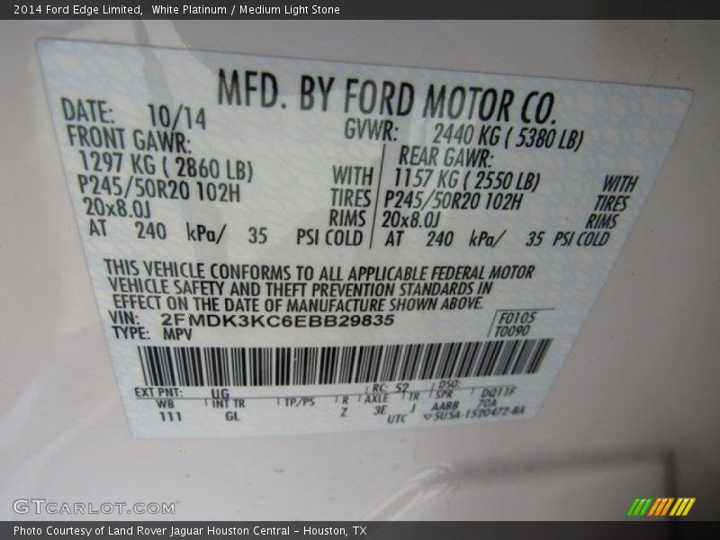 White Platinum / Medium Light Stone 2014 Ford Edge Limited