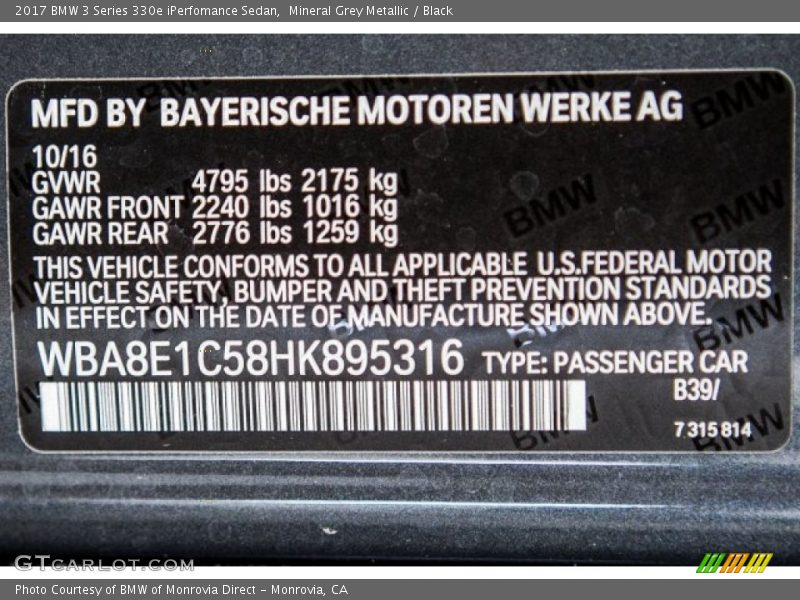 Mineral Grey Metallic / Black 2017 BMW 3 Series 330e iPerfomance Sedan