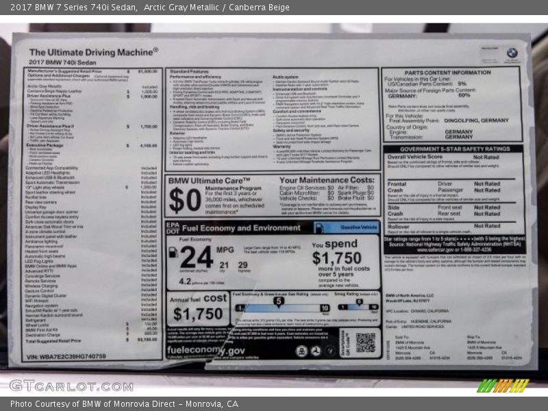  2017 7 Series 740i Sedan Window Sticker