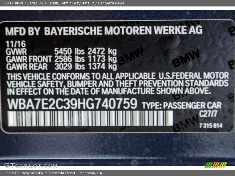 2017 7 Series 740i Sedan Arctic Gray Metallic Color Code C27