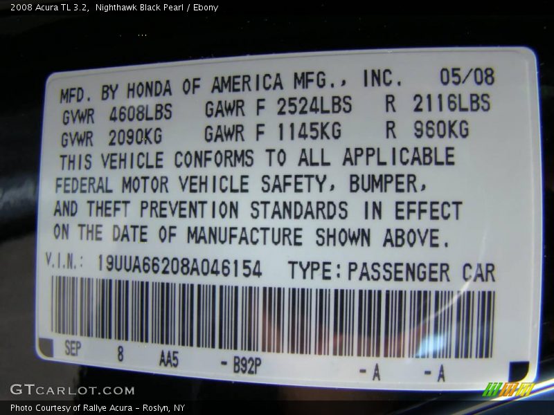 Nighthawk Black Pearl / Ebony 2008 Acura TL 3.2