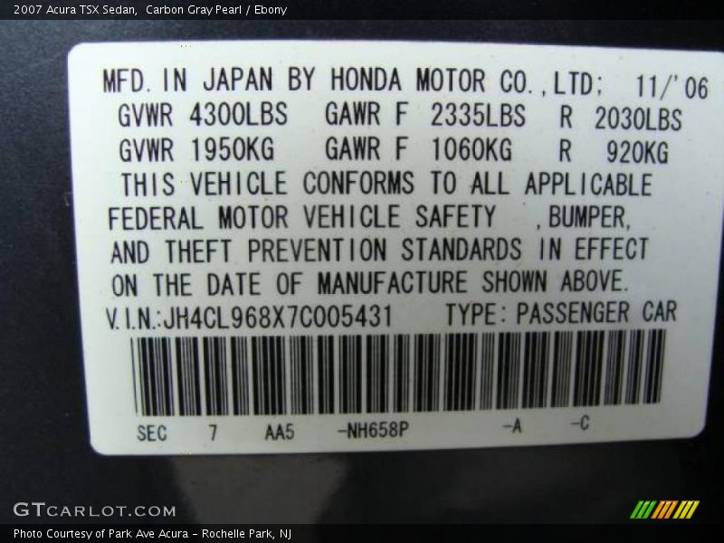 Carbon Gray Pearl / Ebony 2007 Acura TSX Sedan