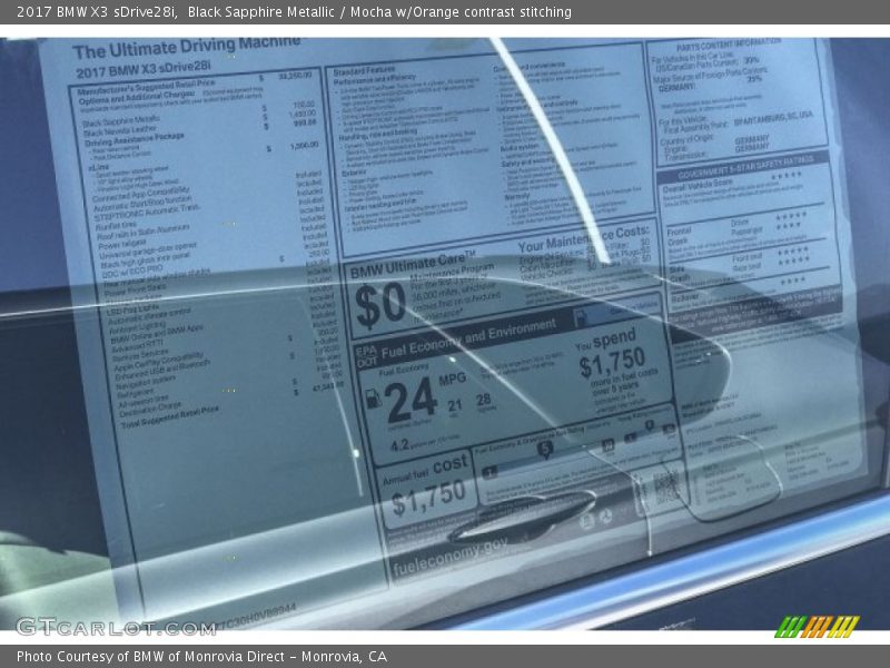 Black Sapphire Metallic / Mocha w/Orange contrast stitching 2017 BMW X3 sDrive28i