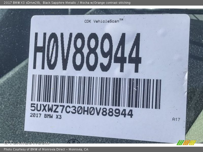 Black Sapphire Metallic / Mocha w/Orange contrast stitching 2017 BMW X3 sDrive28i
