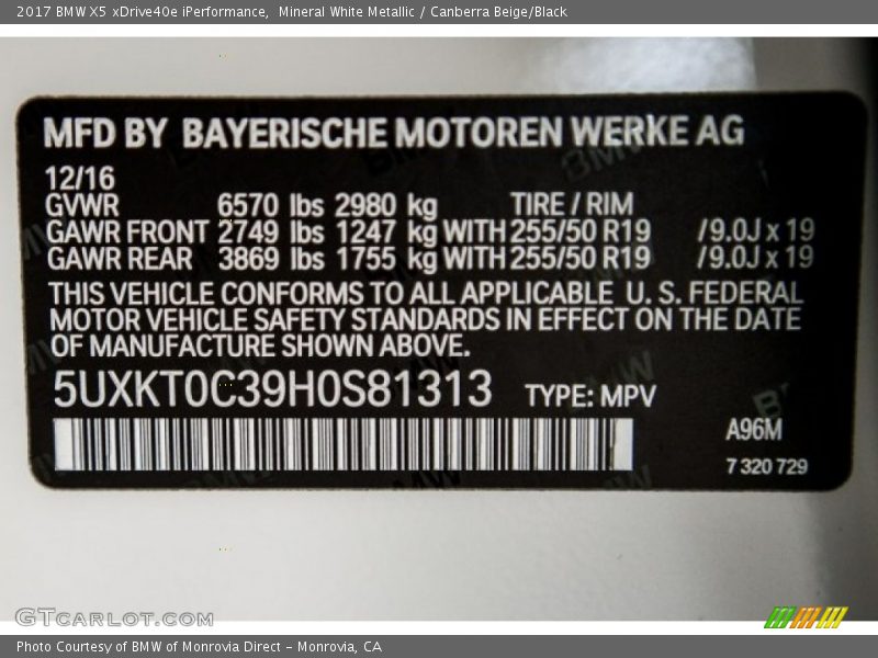 2017 X5 xDrive40e iPerformance Mineral White Metallic Color Code A96