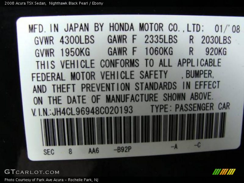 Nighthawk Black Pearl / Ebony 2008 Acura TSX Sedan