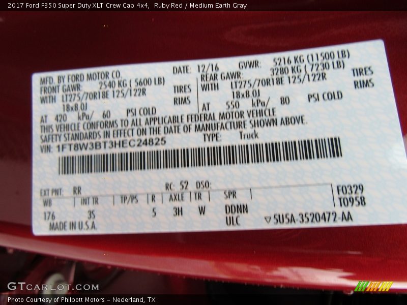 2017 F350 Super Duty XLT Crew Cab 4x4 Ruby Red Color Code RR