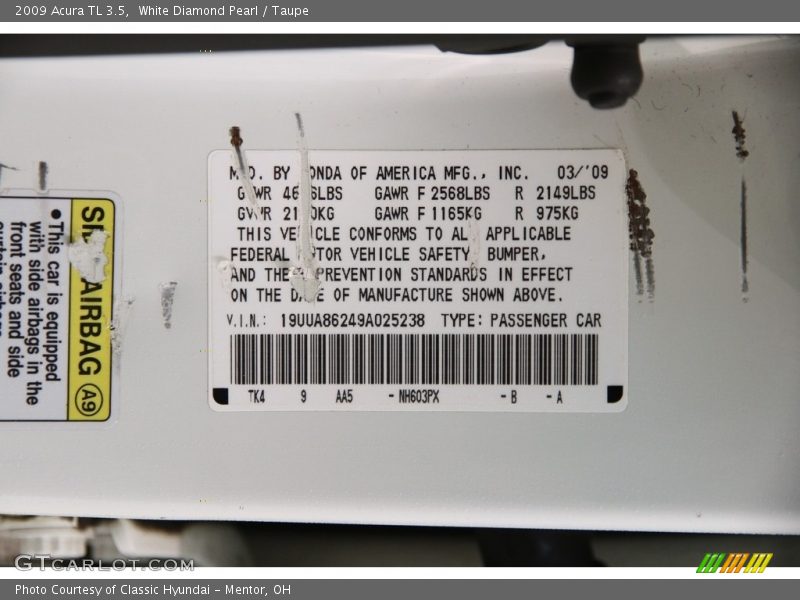 White Diamond Pearl / Taupe 2009 Acura TL 3.5
