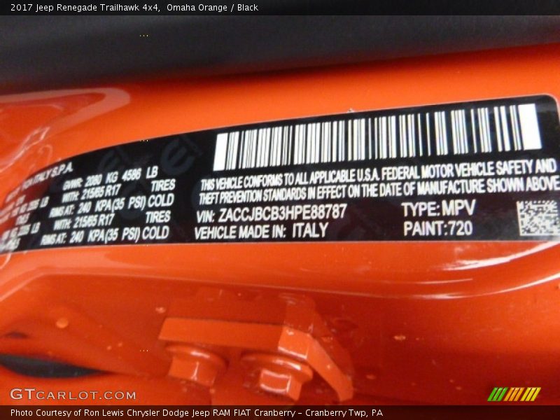 2017 Renegade Trailhawk 4x4 Omaha Orange Color Code 720