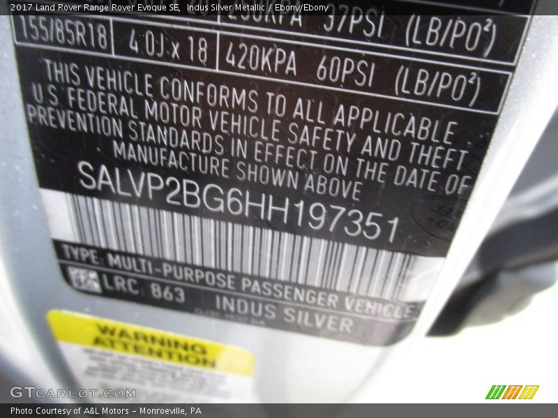 2017 Range Rover Evoque SE Indus Silver Metallic Color Code 863