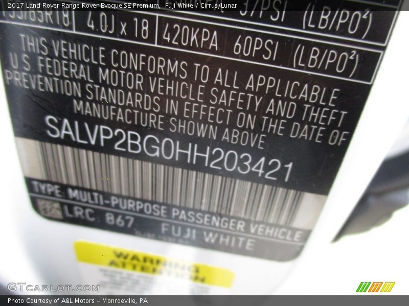 Fuji White / Cirrus/Lunar 2017 Land Rover Range Rover Evoque SE Premium