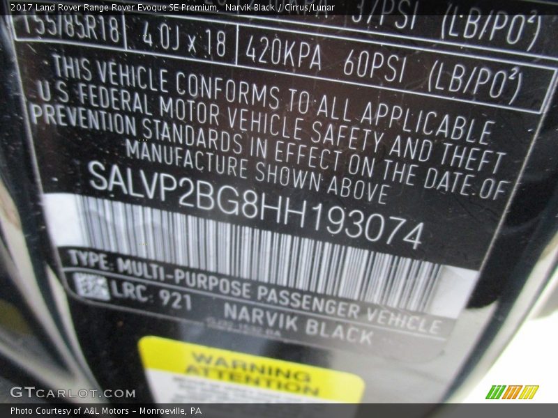 Narvik Black / Cirrus/Lunar 2017 Land Rover Range Rover Evoque SE Premium