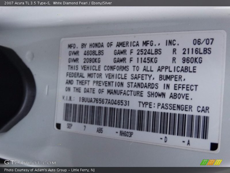 White Diamond Pearl / Ebony/Silver 2007 Acura TL 3.5 Type-S
