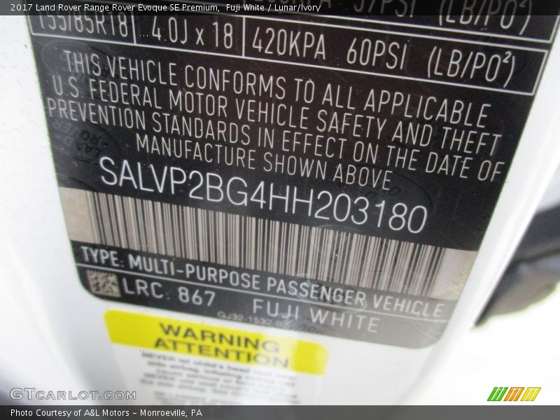 2017 Range Rover Evoque SE Premium Fuji White Color Code 867