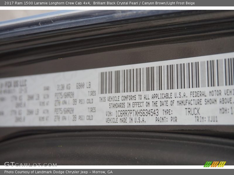 2017 1500 Laramie Longhorn Crew Cab 4x4 Brilliant Black Crystal Pearl Color Code PXR