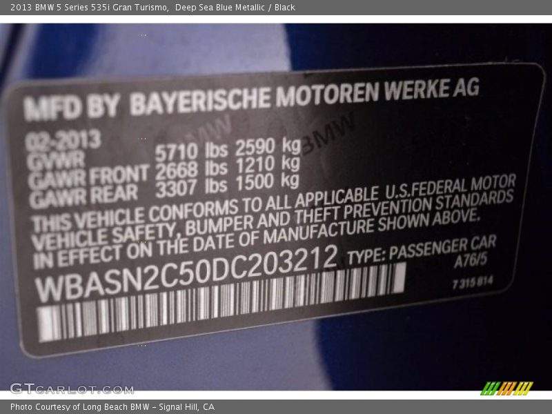 Deep Sea Blue Metallic / Black 2013 BMW 5 Series 535i Gran Turismo