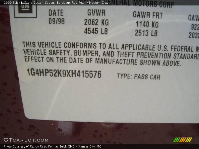 Bordeaux Red Pearl / Medium Gray 1999 Buick LeSabre Custom Sedan