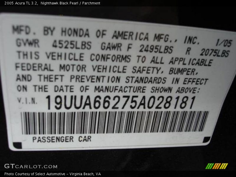 Nighthawk Black Pearl / Parchment 2005 Acura TL 3.2