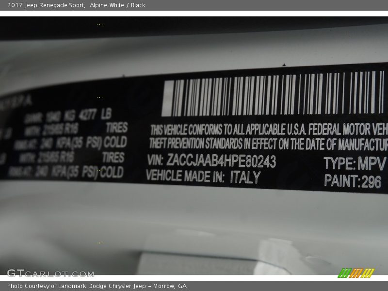 Alpine White / Black 2017 Jeep Renegade Sport