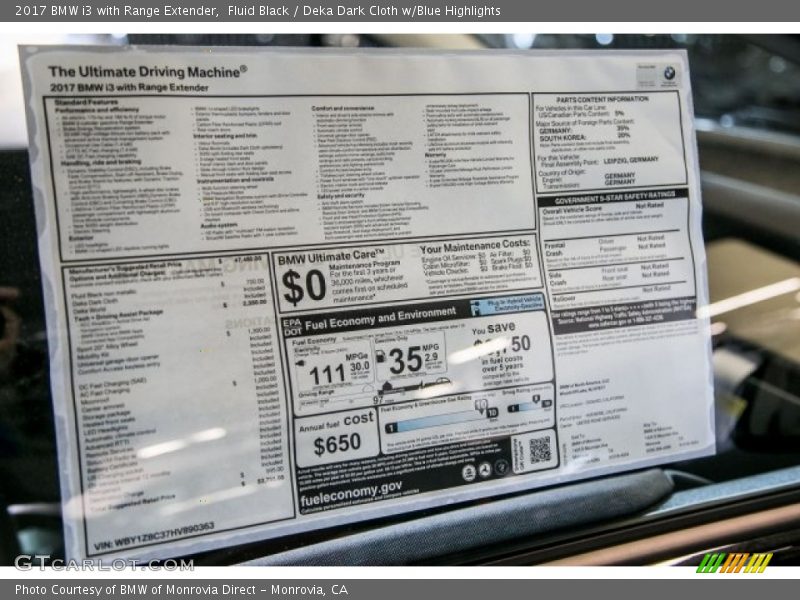 Fluid Black / Deka Dark Cloth w/Blue Highlights 2017 BMW i3 with Range Extender