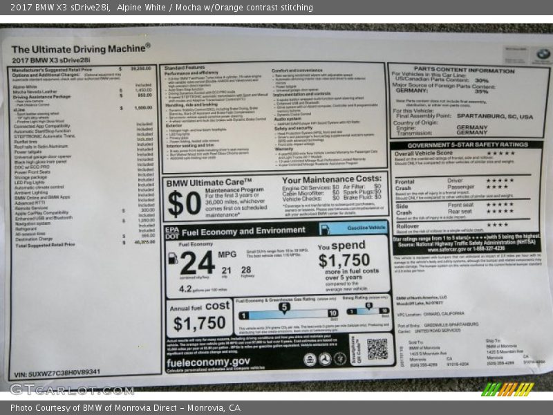 Alpine White / Mocha w/Orange contrast stitching 2017 BMW X3 sDrive28i