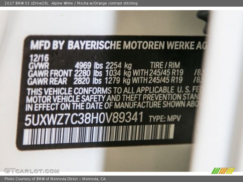 Alpine White / Mocha w/Orange contrast stitching 2017 BMW X3 sDrive28i