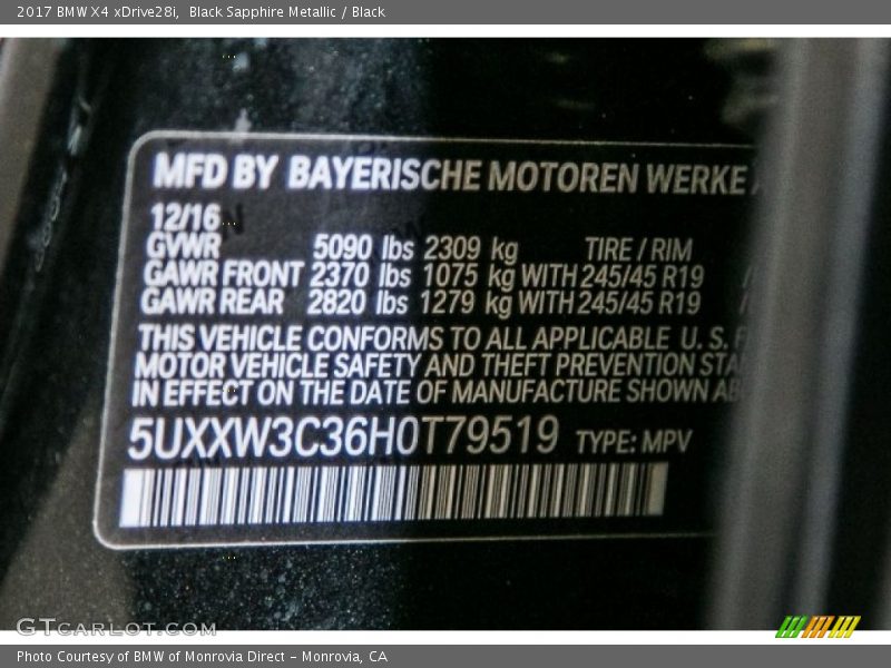 Black Sapphire Metallic / Black 2017 BMW X4 xDrive28i
