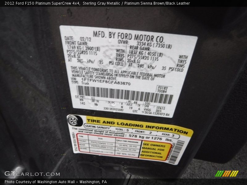Sterling Gray Metallic / Platinum Sienna Brown/Black Leather 2012 Ford F150 Platinum SuperCrew 4x4
