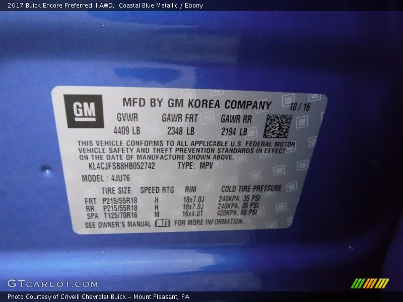 Coastal Blue Metallic / Ebony 2017 Buick Encore Preferred II AWD