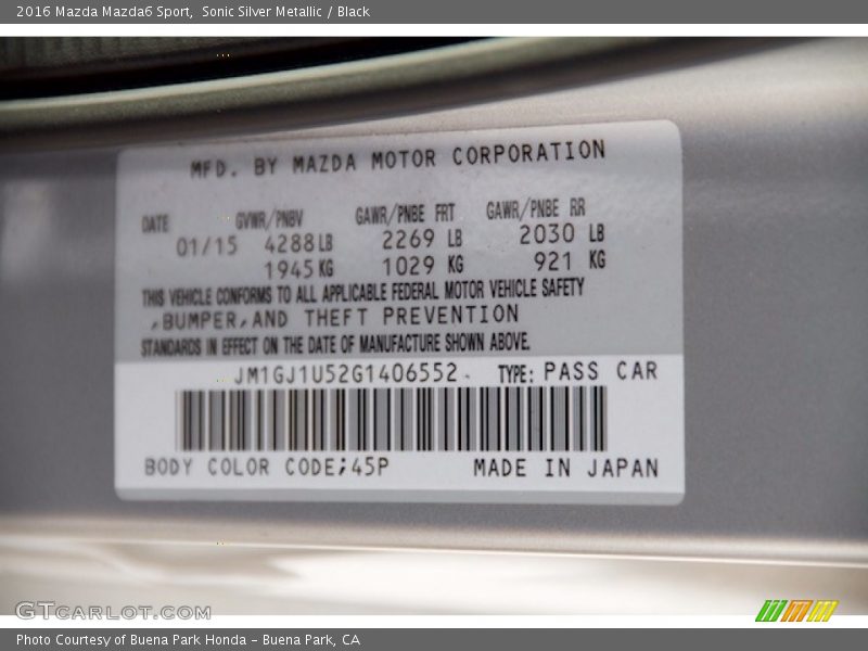 Sonic Silver Metallic / Black 2016 Mazda Mazda6 Sport