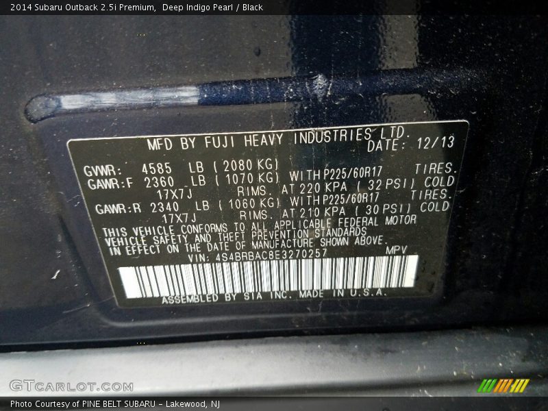 Deep Indigo Pearl / Black 2014 Subaru Outback 2.5i Premium