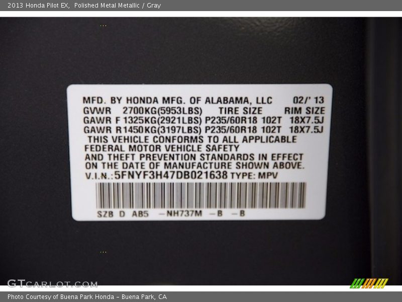 Polished Metal Metallic / Gray 2013 Honda Pilot EX