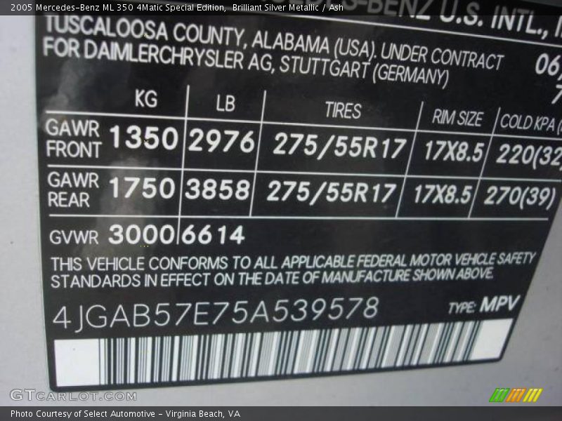 Brilliant Silver Metallic / Ash 2005 Mercedes-Benz ML 350 4Matic Special Edition