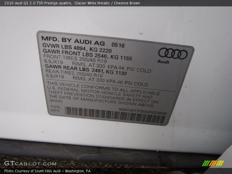 Glacier White Metallic / Chestnut Brown 2016 Audi Q3 2.0 TSFI Prestige quattro