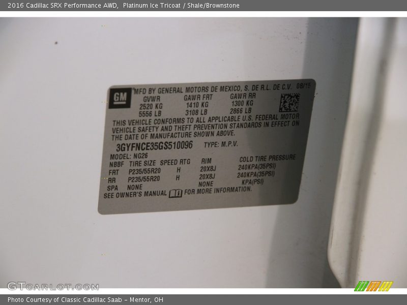 Platinum Ice Tricoat / Shale/Brownstone 2016 Cadillac SRX Performance AWD